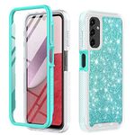 TJS Compatible for Samsung Galaxy A14 5G Case, with [Built-in Screen Protector], Full-Body Drop Protector Cover Glitter Bling Cute Girls Women Design Hybrid Phone Case (Teal)