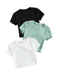 Romwe Girl's 3Pcs Rib-Knit Short Sleeve Lettuce Trim Crew Neck Crop Tee Top