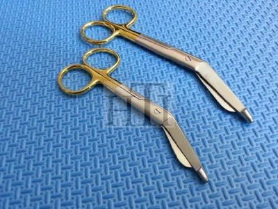 SET OF 2 PREMIUM O.R GRADE GOLD HANDLE SUPERCUT LISTER BANDAGE SCISSORS 4.5" + 5.5" WITH ONE SERRATED BLADE (HTI BRAND)