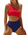 Yonique Women's One Piece Bathing Suit One Shoulder Swimsuit Cutout Swimwear Monokini, Red Navy, Small