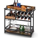 COSTWAY Serving Trolley on Wheels, 3-Tier Rolling Bar Cart with Removable Tray, Wine Rack & Glass Holder, Industrial Drinks Storage Trolley for Home Kitchen (with Removable Top Tray, 80x40x83cm)