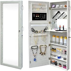 SortWise Lockable Door Mounted Jewelry Cosmetic Mirror Cabinet Chest Armoire Wardrobe Storage Organizer, with Lock & Mirrored Door for Bedroom Home, White (Door Mounted)