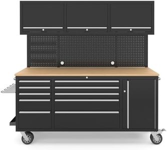 FIXCHIGO 72-Inch Heavy Duty Rolling Tool Chest with 10 Drawers and Solid Rubber Wood Top Mobile Workstation, Includes Power Strip, Locking System, Drawer Liners for Garage