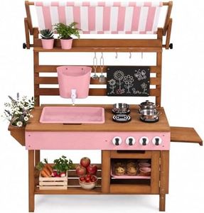 Best Choice Products Mud Kitchen for Kids Outdoor, Deluxe Wooden Play Kitchen with Canopy, Water Tank & Faucet, Sink, 14-Piece Accessories, Gardening Toy, Backyard Pretend Cooking Set - Pink