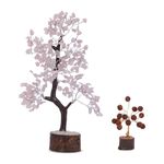 6 Sense Rose Quartz Gemstone Tree Stone Tree Crystal of Life Prosperity Stones Tree Money Bonsai Tree Handmade Gift for Home Office Decor Ornament Silver Wire (Free Rudhrakha Seeds Tree) 10-12 Inch