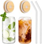 HARKNOX Beer Can Shape Drinking Glasses Tumbler with Airtight Wooden Lid and Straw 500ml Mason Sipper Bottle for Juice Cocktail Iced Tea Coffee Hot Cold Drink Cup Home Office Travel (Pack of 2)