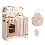 ROBOTIME Kids Kitchen Wooden Play Toy, Toddler Wooden Kitchen with Apron and Glove, Children Play Kitchen for Age 3+, Interactive Pretend Role Play Kitchen, Gift for Girls, Pink Cream