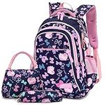 3PCS School Backpack for Girls, Kids Bookbags Set Primary Girls Students (Daypack + Lunch Bag + Pencil Case) (Navy Blue)