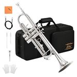 Eastar Bb Standard Trumpet Set for Beginner, Brass Student Trumpet Instrument with Hard Case, Cleaning Kit, 7C Mouthpiece and Gloves, ETR-380N, Nickel