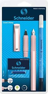 Schneider 74869 Ceod Shiny Kit d'écriture avec stylo plume, stylo roller, effaceur d'encre, pour droitiers et gauchers, plume M, avec cartouches d'encre bleu roi, couleur rose vif