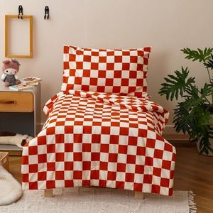 Pureant Orange Plaid Toddler Bedding Sets Checkerboard Grid Comforter for Boys Girls Burnt Caramel and White Grid Bedding Soft Crib Bed Set Including Comforter, Flat Sheet, Fitted Sheet and Pillowcase