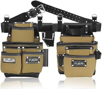 FUERI Nylon & Leather Tool Belt Bags for Men and Women's, Heavy Duty Tool Pouches Set with 19 Pockets, Foam Padded Belt & Suspenders Loops for Carpenters, Framers and Electricians.