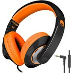 Rockpapa Comfort+ Kids Headphones, Headphones Wired Over Ear Headphones with Mic for Kids Adult, Adjustable Headphones for School/Travel/Phone/Kindle/PC/MP3 - Black Orange