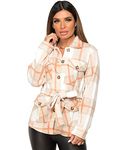 Womens Ladies Check Fleece Casual Jacket Belted Shacket Top Tartan Long Sleeve Button Up Shirt Coat Tunic Blouse Plus Oversize Baggy Beige Size S-08