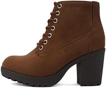 Soda Second Lug Sole Chunky Heel Combat Ankle Bootie Lace up w/Side Zipper, Chestnut Imitation Suede, 10