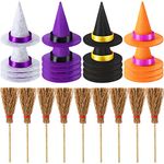 36 Pieces Mini Halloween Witch Decorations Include 18 Mini Felt Witch Hats Wine Bottle Covers Toppers with Ribbon and 18 Mini Witch Straw Broom with Red Ropes for Halloween Party Supplies Accessories