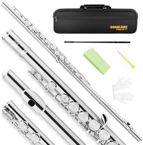 SONICAKE Nickel-plated C Flutes, Closed Hole 16Keys Flute for Beginner Student, Flute Instrument with Cleaning Kit, Carrying Case, Gloves, Tuning Rod, QFL-01