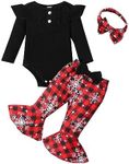 Kislio Newborn Baby Girl Christmas Outfits Infant Ruffle Sleeve Romper Printed Pants Headband Toddler Girl Clothes Gift Set