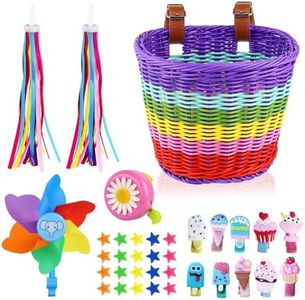Kids Bike Basket,Rainbow Bike Basket Front,Detachable Bicycle Basket for Girls with Colorful Bike Streamers,Bell,Bicycle Windmill,Bicycle Wheel Beads