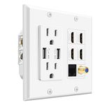 TNP Multimedia Outlet Box (White) - HDMI Outlet Wall Plate with USB Charging, USB Wall Plate Charger and Power Outlet 15A, 4 HDMI Ports, 1 Cat6 RJ45 Ethernet Port, Coaxial Cable Outlet, Keystone Jack