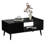 Yusong Retro Coffee Table, Industrial Center Table, Mid-Century Accent Cocktail Table with Storage Organizer, Vintage TV Stand Sofa Table for Living Room, Black