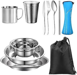 REFORUNG Juego de Platos y Cubiertos de Camping 11 en 1, Set de Vajilla para Acampar de Acero Inoxidable con Cuenco Vaso Cuchillo Tenedor Cuchara Palillo Blosa, 1-2 Pesonas
