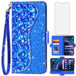 Asuwish Phone Case for Tracfone BLU View 3 B140DL Wallet Cover with Screen Protector and Wrist Strap Flip Credit Card Holder Bling Glitter Stand Cell Accessories Blue View3 140DL Women Girls Blue