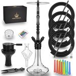 38'' Premium 4 Hose Hookah Complete Set with Everything, Luxury Shisha Set with LED Light, Stainless Steel Hookahs Down Stem with Diffuser, Glass Molasses Trap, Gifts For Husband Boyfriend Or Father