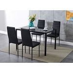 Dining Table and Chairs 4 Seater with Glass Room Leather Kitchen Furniture Set (Black Table120cm + 4 Black Chair)