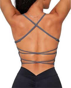 Danysu Womens Backless Halter Crop Top Padded Sports Bras Light Support Strappy Sexy Workout Tank, #2.crisscross Volcano Ash, Medium