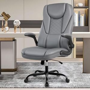 Guessky Office Chair, Executive Office Chair Big and Tall Office Chair Ergonomic Leather Chair with Adjustable Flip-Up Arms High Back Home Office Desk Chairs Computer Chair with Lumbar Support (Gray)
