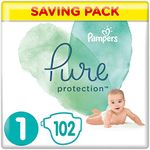 Pampers Baby Nappies Size 1 (2-5 kg/4-11 Lb), Pure Protection, 102 Count, MONTHLY SAVINGS PACK, Baby Essentials for Newborn