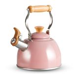 ROCKURWOK Whistling Tea Kettle, 1.6 QT / 50 OZ, Pink Teapot, Universal Base for Induction | Gas | Electric | Halogen | Radiant, Wooden Handle, Vintage