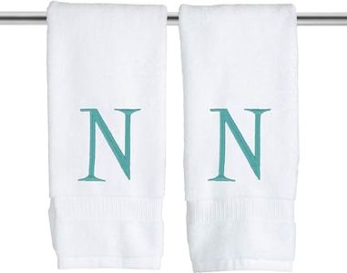 Teal Luxury Hand Towel for Bathroom - Monogrammed Initial Hotel Quality Decorative Embroidered Towel for Powder Room, Spa - GOTS Organic Certified - Set of 2 Letter N