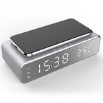 Alarm Clock with USB Charger,Digital Clock,Wireless Charger for iPhone,Samsung Alarm Clocks for bedrooms Sliver White