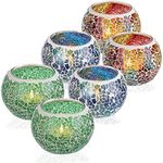 BSTKEY Set of 6 Mosaic Glass Tea Light Candle Holders, Decorative Votive Candle Stand, Round Candle Holder Centerpieces for Table, Wedding, Party, Home Decor (Multicolor + Blue + Green)