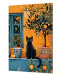 Black Cat with A Lemon Tree Wall Art Cat Sits on the Windowsill Poster Wall Decor Picture Framed Canvas Prints Vintage Painting Room Aesthetic Office Home Living Room Decorations(16x24 inches)