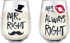 Yalucky Couple Gifts Mr. Right and Mrs. Always Right Stemless Wine Glass Set Engagement Gift Wedding Gift for Couple Golden Wedding Anniversary for Bride and Groom Valentines Gifts for Him and Her