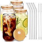 MOHARY Drinking Glasses with Bamboo Lids and Glass Straw 4pcs Set - 16oz Glass Cups, Iced Coffee Glasses, Beer Glasses, Cute Reusable Bottle, Ideal for Whiskey, Tea, Gift - 2 Cleaning Brushes