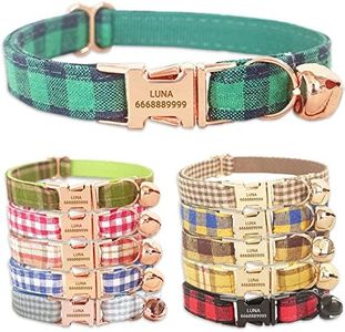 PETDURO Handmade Personalized Plaid Cat Collars with Bell & Name Engraved Metal Buckle Customized for Cute Girl and Boy Cats - Matching Bow Tie Available (L, Green Black Plaid Rose Gold Buckle)