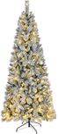 Asinse 7ft Pre-Lit Slim Snow Flocked Christmas Tree - Premium Artificial Hinged Xmas Tree with 320 Chasing LED Lights, White Heavy Snow Flocking, 850 Branch Tips, Pine Needles, Easy Assembly