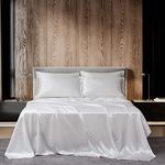 DuShow White Satin Bed Sheets,Double Size Sheets Set,Satin Silky 4 Pieces Bed Sheet Set with 15" Deep Pocket Fitted Sheet, 1 Soft Flat Sheet,2 Satin Pillowcase(White Double)