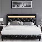 Modern Upholstered Platform Bed Frame with LED Headboard, Faux Leather Low Profile Platform Bed Frame, Strong Wood Slat Support, Adjustable Led Headboard, Easy Assembly, Black, Queen Size