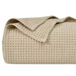 PHF 100% Cotton Waffle Weave Blanket King Size 220 x 240cm, Pre-Washed Lightweight Breathable Throw Blanket, Oeko-TEX Certified for Bed Couch Sofa, Home Decor, Khaki