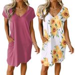 Ekouaer Women's 2 Pack Nightgown Short Sleeve Night Shirt V Neck Sleepwear Soft Sleep Dress with Pockets