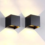 Mille Lucciole 2 Pack LED Outdoor Wall Lights Exterior/Interior, Up and Down Lights IP65 Waterproof Wall Sconces, Square Aluminum Outdoor Wall Lighting Fixtures, Modern Black 12W 3000K Warm Lights