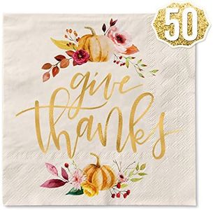 xo, Fetti Thanksgiving Gold Foil Napkins - 50 count | Give Thanks Decorations, 5 x 5 inches, 3ply, Autumn Leaves, Pumpkins, Fall Table Decor