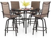 PHI VILLA 5 Piece Bar Height Patio Dining Set, Outdoor Table Chair Bar Set for 4 with Outdoor Swivel Bar Stool Chair and Large Metal Bar Table, Padded Brown Textilene