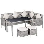 Outsunny Garden Outdoor 5 PCs Patio Rattan Corner Dining Set 6 Seater Wicker Sofa, Foot Stool, Dining Table with White Cushions - Mixed Grey