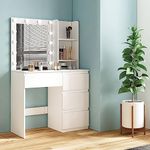 Luxsuite Dressing Table Lighting Vanity Table with Mirror Dresser Makeup Desk with 12 LED Light & 4 Drawers,3 compartments Modern Bedroom Furniture White